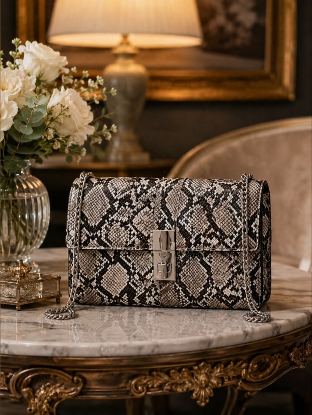 Snake Print Chain Shoulder Bag in Black & Cream
